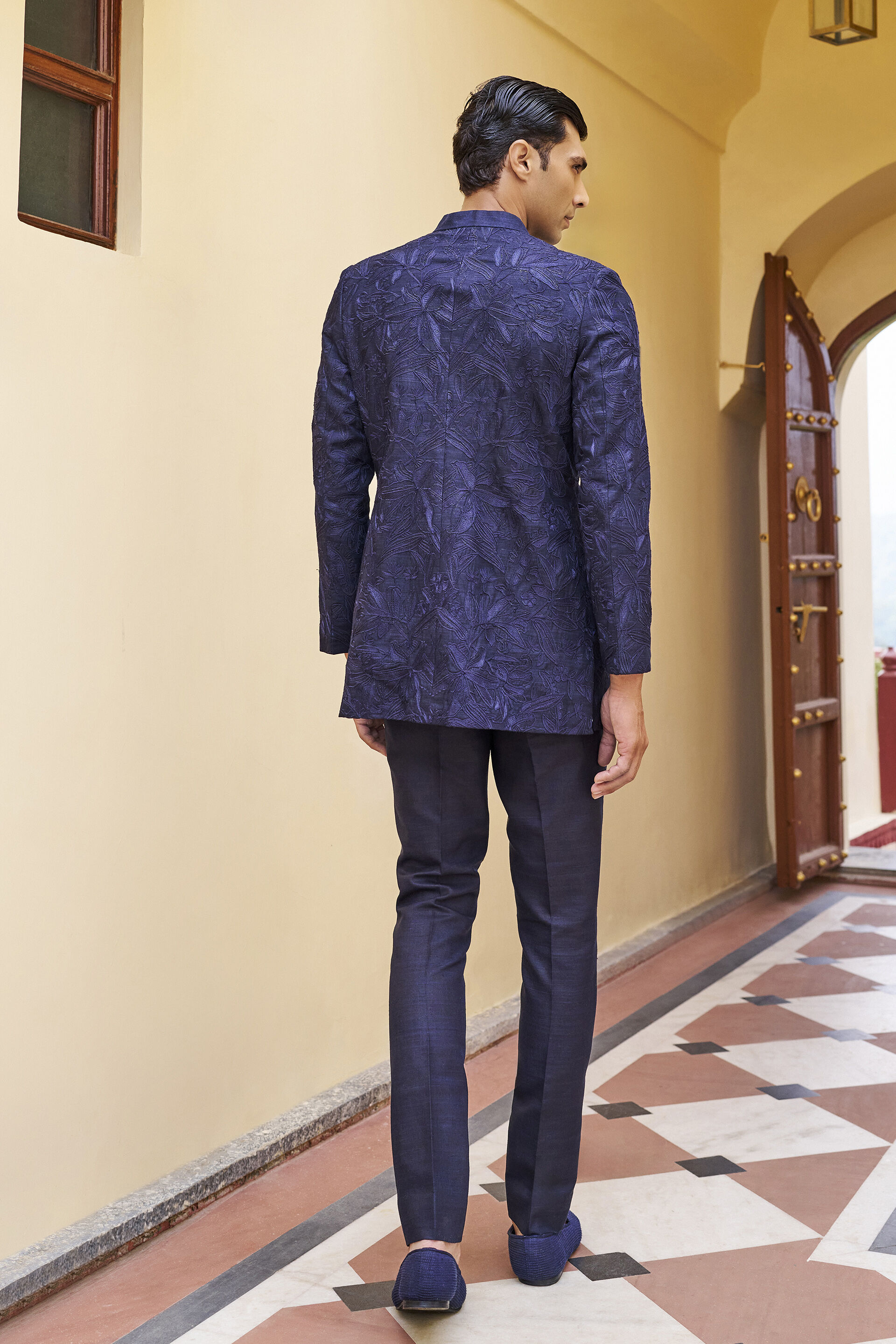 Rhapsody Embroidered Cord Silk Overlap Bandhgala - Navy